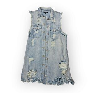 Fiore Distressed Denim Long‎ Sleeveless Button Down Vest Women's Size S